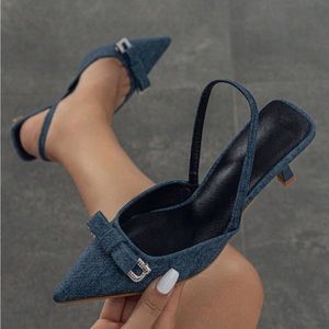 Women Rhinestone & Bow Decor Point Toe Pyramid Heeled Pumps, Fashionable Blue